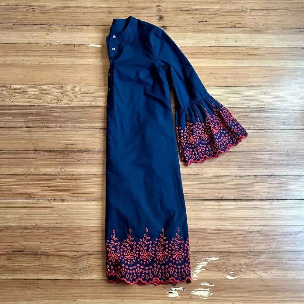 J. Crew eyelet bell sleeve dress, navy. Size XXS. NWOT.